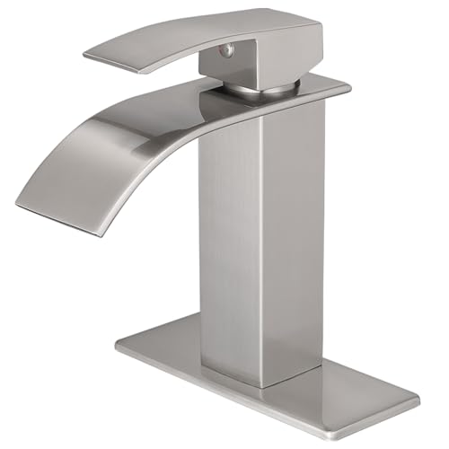 VOTON Bathroom Faucets Brushed Nickel Waterfall Bathroom Sink Faucet Modern Single Handle Bathroom Faucet for 1 or 3 Holes with Deck Plate
