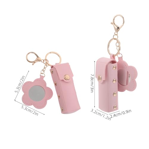 Porta bálsamo labial llavero con espejo de flor y funda de cuero para colgar en mochilas 2