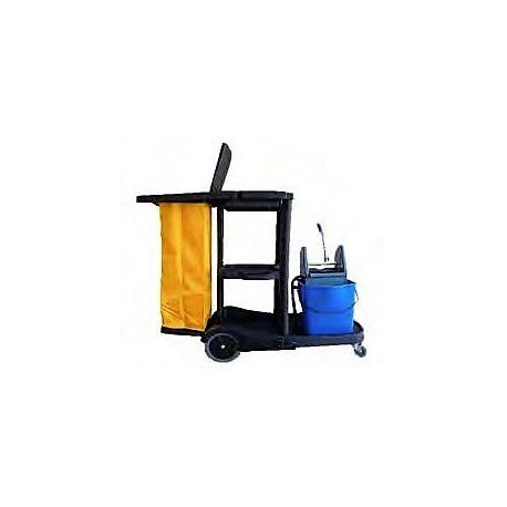 CARRO DE LIMPIEZA NEGRO PVC con bolsa Saco de lona de 70 L con cremallera, bandeja inferior portabolsa y soporte con tapa .Incluye cubo de 25 L con prensa y dos soportes para mopas