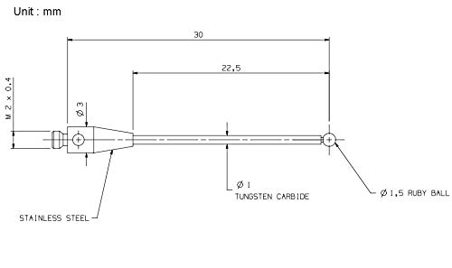 Image of CMM Probe Stylus 1.5mm Ruby Ball M2 Thread Tungsten Carbide Stem 30mm Long A-5003-0035 (H0035 M2*D1.5*L30.0)