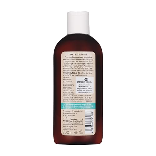 MABYEN Baby Bademilch 2er Set (2 x 200 ml) – Parfümfrei, mit Bio-Mandelöl, zertifizierte Naturkosmetik, vegan, sanfte Pflege für empfindliche Babyhaut, dermatologisch getestet, plastikfreie Verpackung