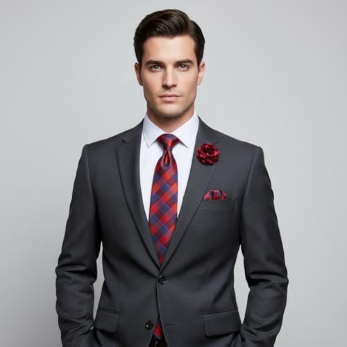 Image of 5PCS Mens Silk Designer Tie, Pocket Square, Cufflinks, Drilled Tie Ring and Lapel Pin Set for Wedding Groom Party