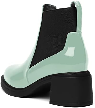 AMBELIGHT Women's Patent Chelsea Chunky Solid 2.5 Inch Round Toe Ankle High Office Casual Elastic Mid Heel Boots Turquoise Black Size 8 - Tacones para Mujer Elegantes | Image 6