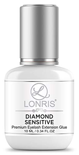 LOW FUME Eyelash Extensions Glue - No Irritation - LONRIS Diamond Sensitive 10 ml - Professional Lash Adhesive for Beginners and Experts - 3-4 Weeks Strong Hold