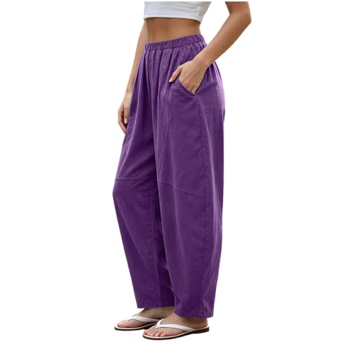 Pantalon bouffant en style lin pour femme à taille haute et grandes poches