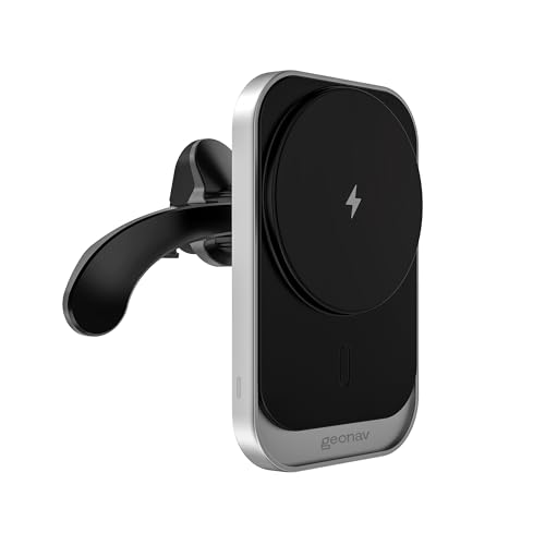 Geonav Carregador Veicular Magnético por Indução até 15W, compatível MagSafe (iPhones a partir do 12) ou anel magnético (Android ou iPhones mais antigos), CHV15MAG, Cinza e Preto
