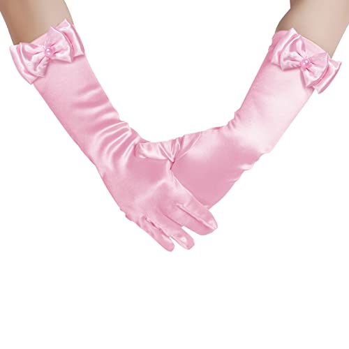 Yolyoo Girls Princess Gloves,Girl White Long Satin Princess Dress Up Diamonds Bows Gloves for Birthday,Wedding, Costume Party