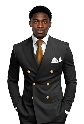 Mens Double Breasted Suit for Wedding 2 Piece Slim Fit Mens Suit V Neck Tuxedo Suits for Dinner Party Black