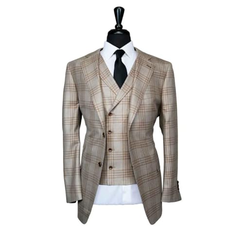 Men's Suits 3 Piece Slim Fit Khaki Plaid Suit Notch Lapel Blazer Jacket Vest Pants Tuxedo Set for Dress Business2