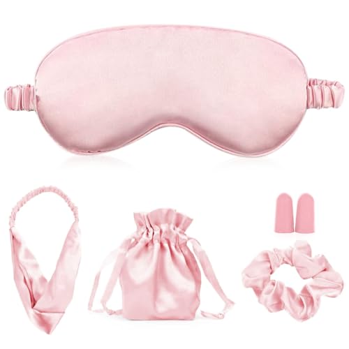Antifaz de seda para dormir, juego de 4 antifaz para dormir, correa ajustable, máscara para dormir con coletero para el pelo, diadema para el pelo, auriculares para noche, viajes, siesta, meditación