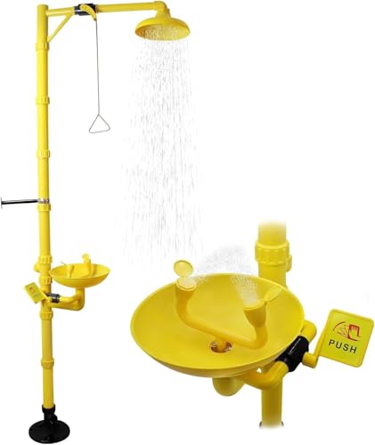 Station de douche et douche d'urgence, double pulvérisation de premiers secours avec tige de traction triangulaire et plaque de poussée, idéal pour les hôpitaux et les laboratoires