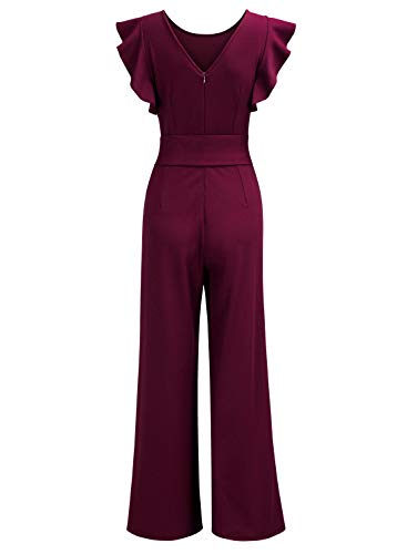 Knitee Women's Vintage Sleeveless Ruffle High Waist Wide Leg Romper Formal Long Jumpsuit with Belt (A-Burgundy, Large)