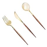 Lullaby 120PCS Gold Plastic Silverware, Gold Disposable Cutlery with Wood Grain Handle Include 40 Forks, 40 Spoons, 40 Knives, Elegant Disposable Silverware for Wedding, Party, Gathering, Daily Use