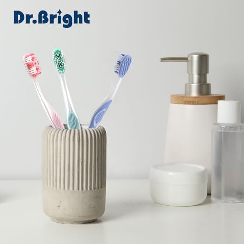 Image of DR.BRIGHT Adult Toothbrushes Medium 6 Pack | Medium Toothbrush for Adults with Tongue Scraper & Ergonomic Handle | Individual Packaging Travel Toothbrush BPA-Free, Assorted Colors