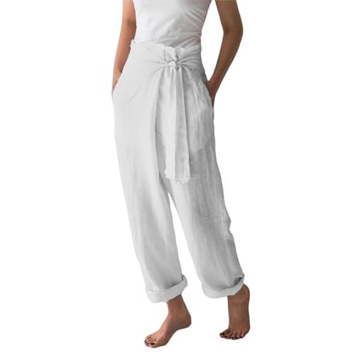 Cotton Linen Pants for Women Summer 2024 Casual Wide Leg Tie Knot Beach Pants with Pocket Palazzo Lounge Trousers