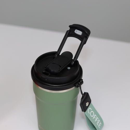 Image of Travel Coffee Tumbler with Lanyard - Insulated Stainless Steel Mug, Leak-Proof, Keeps Hot 6H & Cold 8H - Green, 400 ML