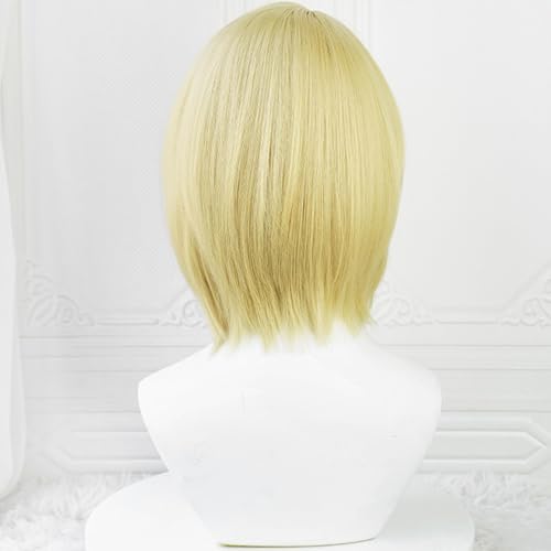 Image of Half and Half Short Straight Blonde Hunter Wig with Bangs Anime Blonde Chain Killer Costume Wigs Synthetic Fiber Hair for Halloween Party