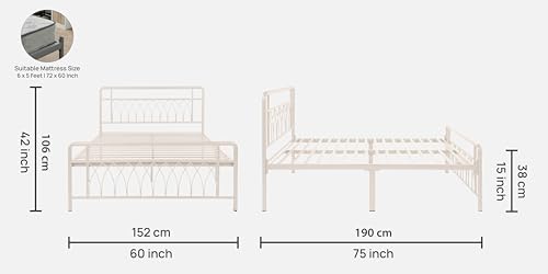 Image of Jexx Metal Queen Size Bed Without Storage | Wrought Iron Double Bed with Headboard & Footboard | Sturdy Powder Coated Platform Bed Queen Size Cot for BedroomLivingRoom Ivory (75x60)