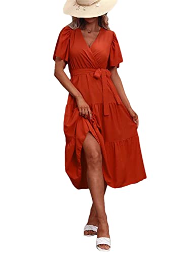 Robe longue d'été unie orange rouge décontractée pour femme en taille L