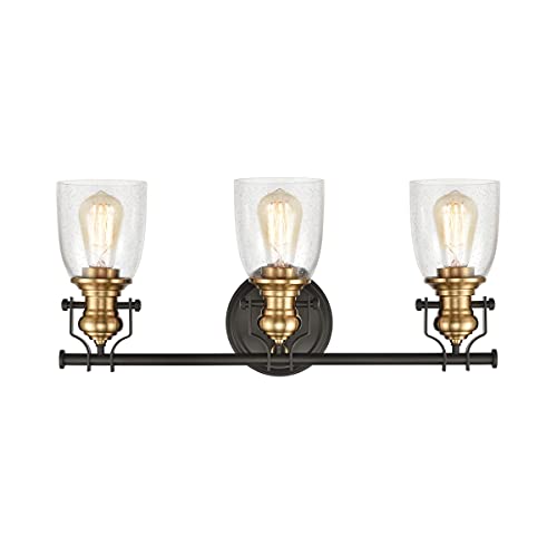 Image of Elk Home Chadwick 3-Light Industrial Vanity Wall Sconce - Oil Rubbed Bronze & Antique Brass, Seeded Glass Shade, 23 Inch Wide