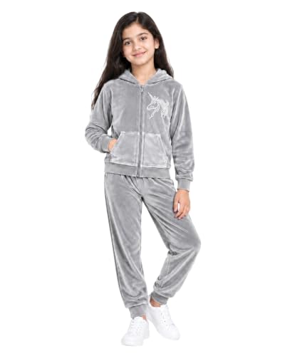Image of Kuchipoo Girls Velvet Zipper Hooded Sweatshirt & Jogger Set | Soft Velour Zip-Up Hoodie with Kangaroo Pockets & Pajama | Warm Full Sleeve Winterwear