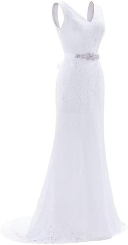 Image of Likedpage Women's Lace Mermaid Wedding Dress, V-Neck Sleeveless Bridal Gown with Beaded Belt