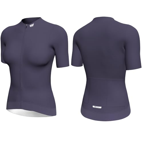 Wulibike Damen Fahrradtrikot Kurzarm-Atmungsaktives Rennradtrikot Damen Schnelltrocknend & Elastisch Leichtes Radtrikot mit 3 Rückentaschen UPF50+ für Gravel MTB & Pendeln Lila S
