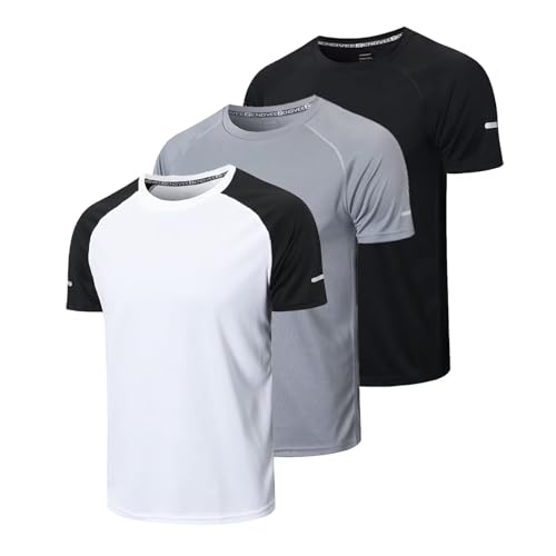 Gaiatiger 3 Piezas Camisetas Running Manga Corta Hombre Camiseta Deporte Hombre de Secado Rápido Ropa Running Gimnasio(5286) Black Gray White-L