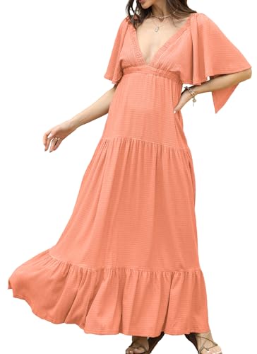 Image of Kikibell Women Summer Dresses Sexy V-Neck Maxi Dress Tiered Silhouette with Flutter Sleeve Backless Elastic Waist Flowy Dress
