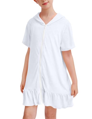 Image of Girls Swim Cover Up Multicolor Hooded Zip-Up Terry Swimsuit Ruffle Bathing Suit Kids Short Sleeve Swimwear