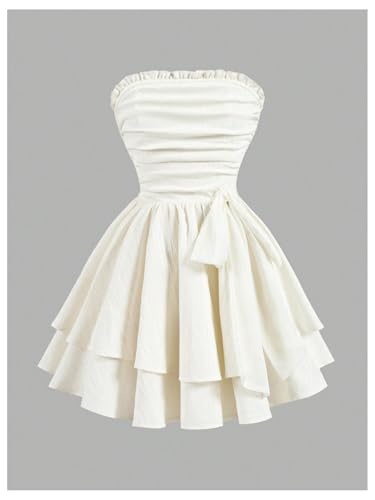 Girl's Bow Knot Pleated Dress Strapless Sleeveless Layered Ruffle Flared Short Dresses2