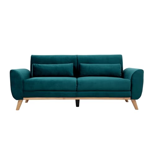 Miliboo EKTOR Sofá escandinavo de 3 plazas tejido aterciopelado color azul petróleo y madera clara