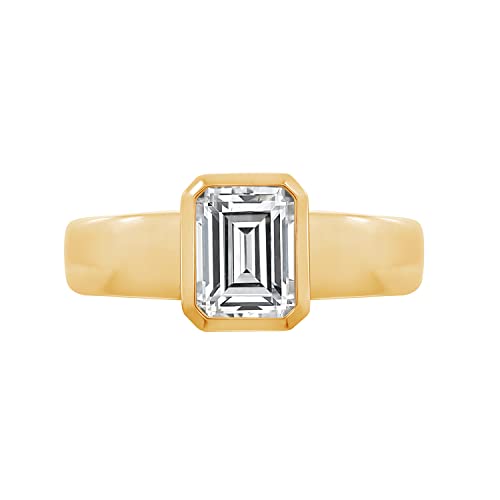 Yellow Gold Plated Sterling Silver Clear Emerald Cubic Zirconia Bezel Engagement Ring