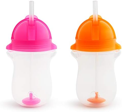 Munchkin Any Angle Weighted Toddler Straw Cup with Click Lock Lid, Pink/Orange, 10 Ounce (Pack of 2)
