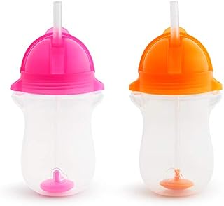 Munchkin Click Lock Any Angle Weighted Straw Cup, 10 Ounce, 2 Pack, Pink/Orange