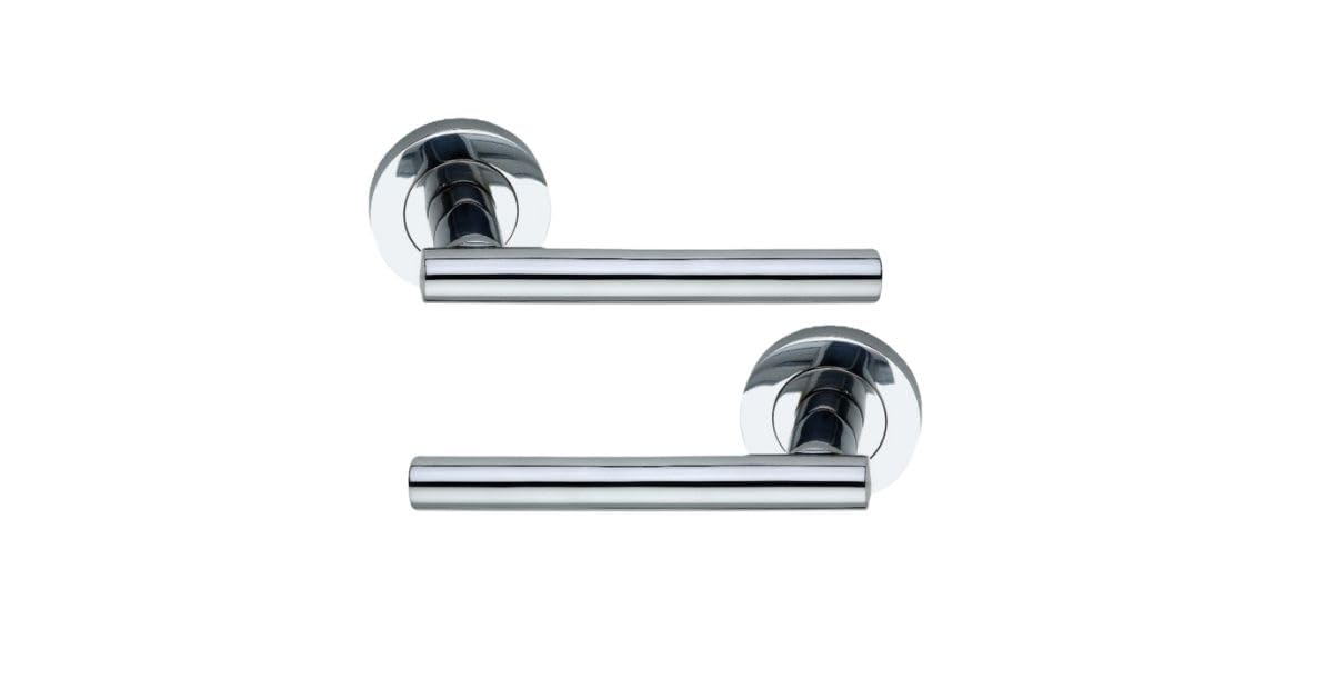 Infinity Decor Pair of Straight T- Bar Lever Door Handle on Round Rose Set Passage Pull Handles in Polished Chrome Finish for Interior and Exterior Use