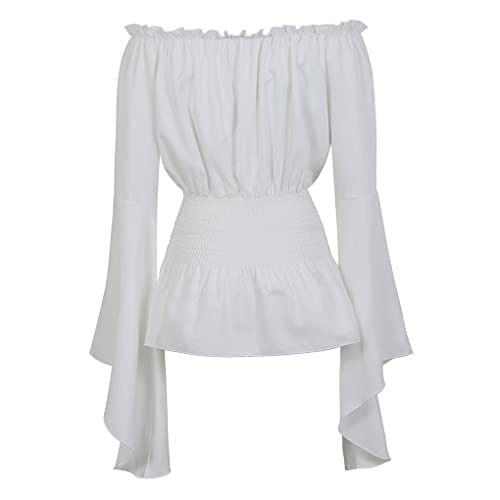 Womens Renaissance Blouse Off Shoulder Trumpet Long Sleeve Peasant Tops Medieval Victorian Costume3