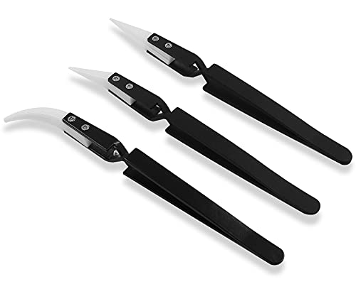 Bonsicoky 3Pcs Precision Reverse Ceramic Tweezers Kit, 5.3 Inch High-Temperature Resistant Stainless Steel Tweezers with Curved and Straight Ceramic Tips for Circuit Board Welding, Watch Repair