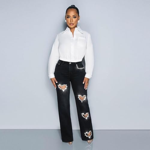 Women's Y2K High Waist Distressed Jeans, Wide Leg, Crystal Heart Details, Light Blue4