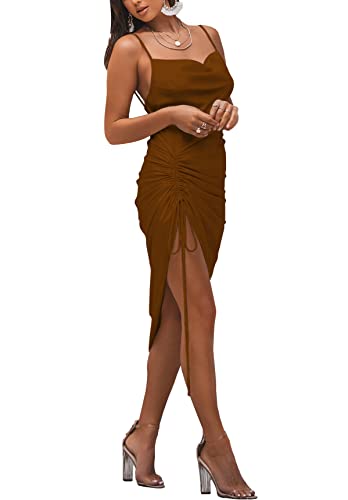 Image of LYANER Women's Satin Spaghetti Straps Cowl Neck Sexy Ruch Cocktail Midi Dresses