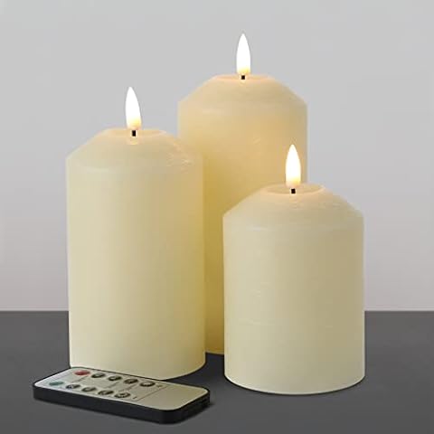 Eywamage Ivory Flameless Pillar Candles with Remote, Cone Top Flickering Battery LED Wax Candles Set of 3 Cover
