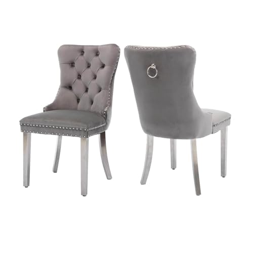 Condition photo showing New/Like New for grey velvet dining chairs set of 2, tufted upholstered dining room chairs