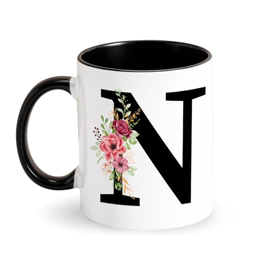 Personalisierte Tasse Buchstabe Kaffeetasse - Alphabet Keramiktasse - Tasse mit Blumen Initial - Schwarz Anfangsbuchstaben Tasse Geschenke für Freund Kollegin Frauen Geburtstag Muttertag (N)