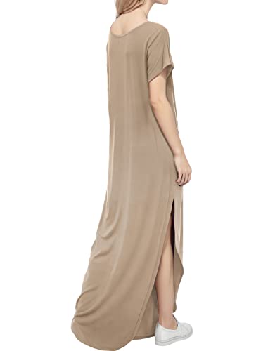 Image of Match Women's V-Neck Casual Loose Short Sleeve Long T-Shirt Dress Split Maxi Dress with Side Pocket