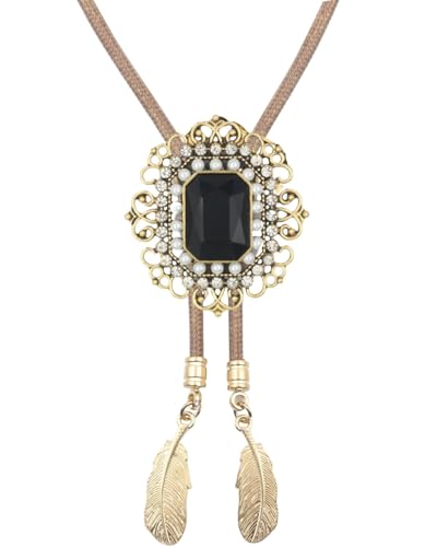 Image of PEARLY JUN Bolo Tie for Men Women Rhinestone Cowboy Brown Country Style Handmade Leather String Rodeo Festive Days Gifts