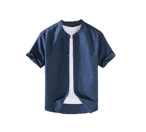 Chemise manches courtes bleu marine en coupe ajustée avec col officier