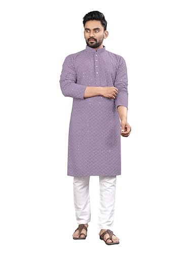 ALMORA Mens Sequin Embroidered with Mirror Work Cotton Lavender Kurta for Men