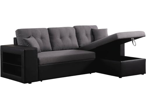Habitat et Jardin - Canapé d'angle Convertible et Réversible Axel 3 Places Noir et Gris - Canapé Lit Moderne Design en Tissu Lin - Espace de Stockage...