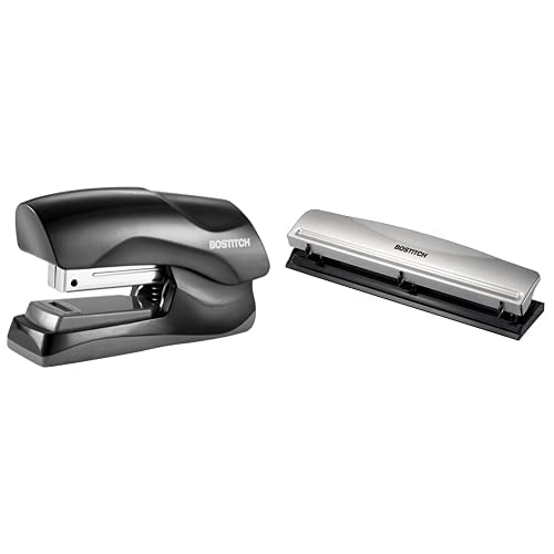 Bostitch Office Heavy Duty 40 Sheet Stapler, Small Stapler Size, Fits into The Palm of Your Hand; Black (B175-BLK) & 3 Hole Punch, 12 Sheet Capacity, All-Metal, Silver