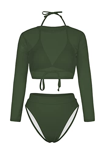 Kisscynest Women's 3 Pieces Swimsuit with Long Sleeve Mesh Shirt Coverup